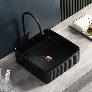 Lavoar ceramic patrat cu caneluri si montaj pe blat Aura Black Gloss 37 x 13 cm - Img 7