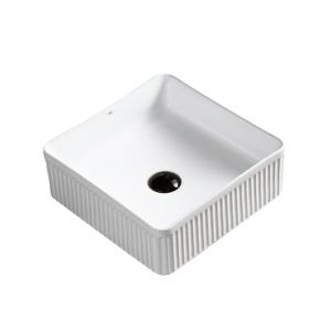 Lavoar ceramic patrat cu caneluri si montaj pe blat Aura White Gloss 37 x 37 cm - Img 6