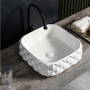 Lavoar ceramic patrat cu decoratii exterioare si montaj pe blat Pearl White 40 x 40 cm - Img 2