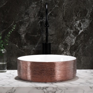 Lavoar ceramic rotund cu interior alb si exterior cupru periat cu montaj pe blat Lava 36 x 12 cm - Img 2