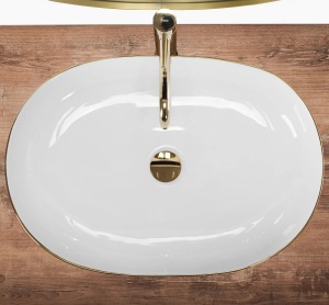 Lavoar De Blat REA CLEO ALB cu MARGINEA AURIE, Dimensiuni 60.5 X 41 X 14 Cm, Montaj Pe Blat, Forma Ovala, Ceramica Sanitara, Alb/Auriu - Img 2