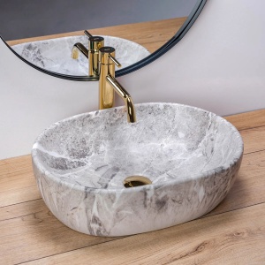 Lavoar de blat REA LARA STONE, 35x 48.5x 13.5 cm, Montaj Pe Blat, Design Deosebit, Forma Rotunda, Ceramica Sanitara, Gri - Img 5