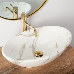 Lavoar de blat REA PAMELA AJAX SHINY, 53x 33x 15 cm, Montaj Pe Blat, Design Deosebit, Forma Rotunda, Ceramica Sanitara, Alb imitatie piatra - Img 3