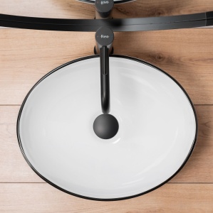 Lavoar De Blat REA SOFIA BLACK EDGE, Dimensiuni 41 X 34.5 X 15 Cm, Montaj Pe Blat, Design Deosebit, Forma Ovala, Ceramica Sanitara, Alb - Img 3