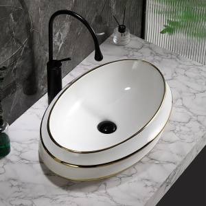 Lavoar oval cu montaj pe blat Yoko, alb cu rame aurii lucioase 60 x 40 cm - Img 10