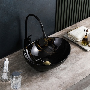 Lavoar oval din ceramica cu fixare pe blat Lumo Black Gloss 40 x 33 cm - Img 2