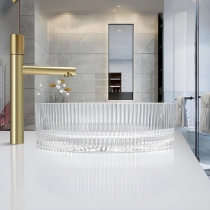 Lavoar rotund din sticla transparenta si frezata cu montaj pe blat Brillant 40 x 12 cm - Img 3