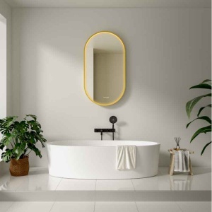 Oglindă cu LED, dezaburire și ceas Fluminia, Canaria 90 Clock, iluminare perimetrală, ramă gold
