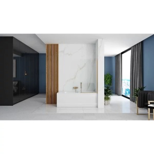 Pachet cada rectangulara Besco Quadro 175x80 cm alb, paravan de cada Rea Elegant 70x140 cm auriu, sifon cada si capac sifon - Img 11