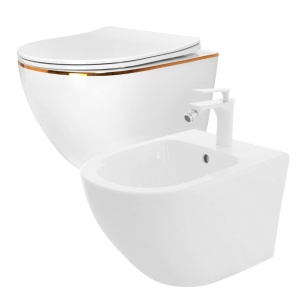 Set Bideu REA CARLO MINI Si Vas WC REA CARLO FLAT MINI GOLD EDGE RIMLESS, Montaj Suspendat, Ceramica Sanitara, Capac Soft-Close Inclus, Alb/Auriu - Img 1