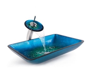 Set complet Chiuveta de blat PRO ERA GLASS si baterie , Dimensiuni 55 cm x 36 x 10 cm, Sticla temperata, Albastru - Img 1