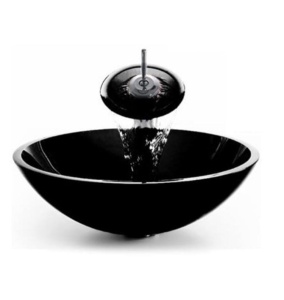 Set complet Chiuveta de blat PRO ERA GLASS si baterie, Forma rotunda, Dimensiuni 42 cm x 42 x 14 cm, Sticla temperata, Neagra