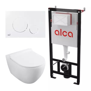 Set rezervor WC cu cadru incastrat Alcadrain AM101/1120 si clapeta M676 alb mat plus vas WC Fluminia Minerva cu capac softclose alb - Img 1