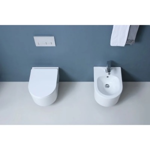 Set Vas WC si bideu PRO Geberit, montaj suspendat, vas WC Fluminia Roco + Bideu + Cadru + Clapeta - Img 3