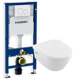Set vas wc suspendat Villeroy & Boch Architectura cu capac soft close si rezervor incastrat Geberit Delta clapeta alba