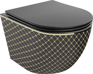 Vas de toaletă suspendat rimless cu capac slim si închidere lentă, duroplast, negru mat/model auriu
