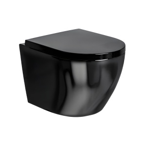 Vas WC suspendat Mizu Black Gloss rimless cu capac din duroplast negru si inchidere softclose