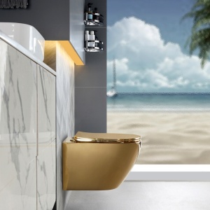 Vas WC suspendat Mizu Tornado Gold & Black, rimless cu capac softclose - Img 9