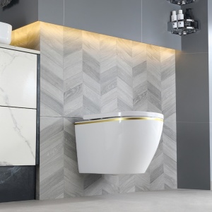 Vas WC suspendat Mizu Tornado White&Gold 02, rimless, capac din duroplast cu softclose - Img 4