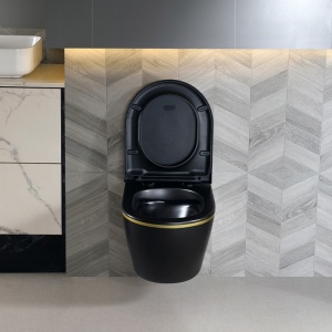 Vas WC suspendat Peak Black Matt&Gold, rimless si cu capac softclose - Img 9