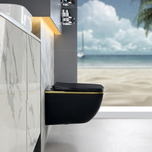 Vas WC suspendat Yuzu Tornado Black Glossy & Gold, rimless cu capac softclose - Img 4
