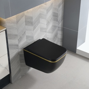 Vas WC suspendat Yuzu Tornado Black Matt & Gold, rimless cu capac softclose - Img 7