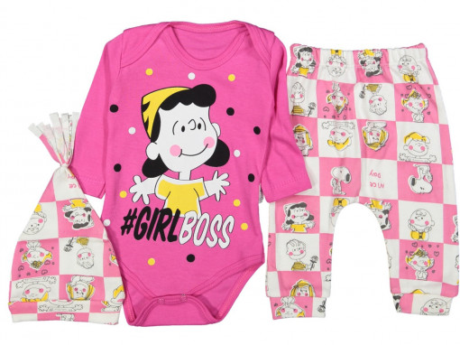 Body, pantalon si caciulita, pentru bebelusi, Girl Boss, roz, 6-9 luni