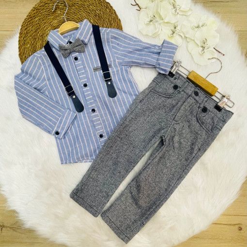 Compleu Elegant, Liniute Albastre, 4 Piese, Camasa, Pantaloni Gri, Bretele si Papion, Pentru Baieti, 2-9 ani
