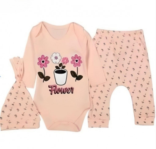 Compleu Flower, Roz, 3 Piese, Body, Pantaloni si Caciulita, 100% Bumbac, Pentru Fetite, 3-9 luni