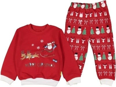Compleu Mos Craciun si Renii Lui, 2 Piese, Pantaloni, Bluza si Pantaloni, Rosu, 6-18 luni