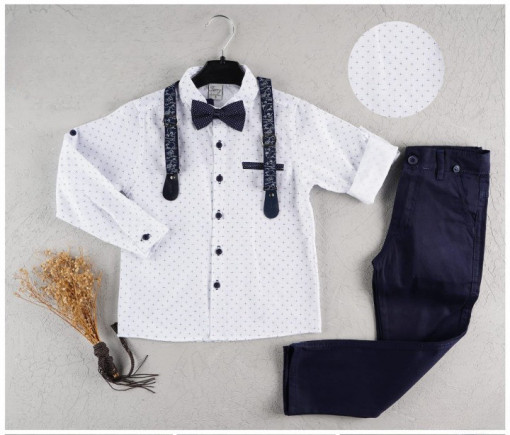 Compleu Alb-Negru, 4 Piese, Camasa, Pantaloni, Papion si Bretele, Pentru Baietei, 5-8 ani