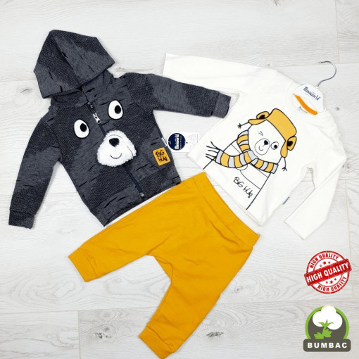 Compleu bebelusi ursulet si om de zapada, 100% bumbac, mustar