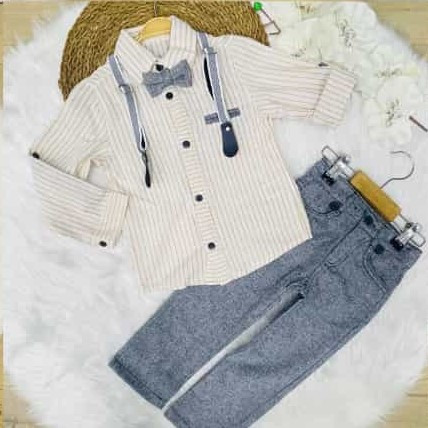 Compleu Liniute Galbene, 4 Piese, Camasa, Pantaloni Gri, Bretele si Papion, Pentru Baieti, 2-9 ani