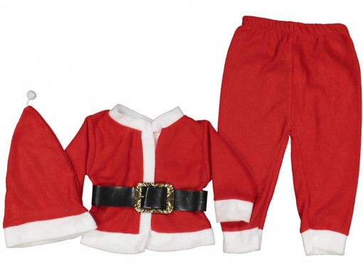 Compleu Mos Craciun, 4 Piese, Pantaloni, Bluza, Caciulita si Curea, Rosu, 5-12 ani