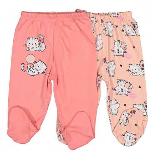 Set 2 pantaloni fetite, cu imprimeu pisicute, roz, 3-9 luni