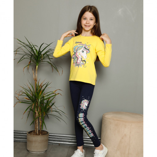 Compleu Fete 2 piese Unicorn, Bumbac, Galben, 4-10 ani