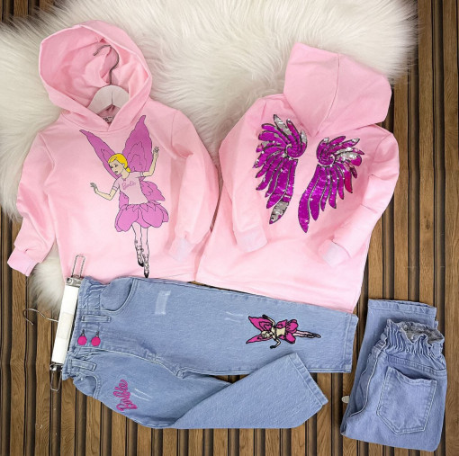 Compleu Barbie Wings, Roz, 2 Piese, Hanorac si Blugi, Pentru Fete, 3-10 Ani