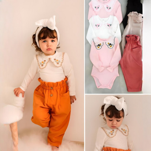 Compleu Floricele, Portocaliu-Alb, 2 Piese, Body si Pantaloni, Pentru Fetite, 1-3 ani