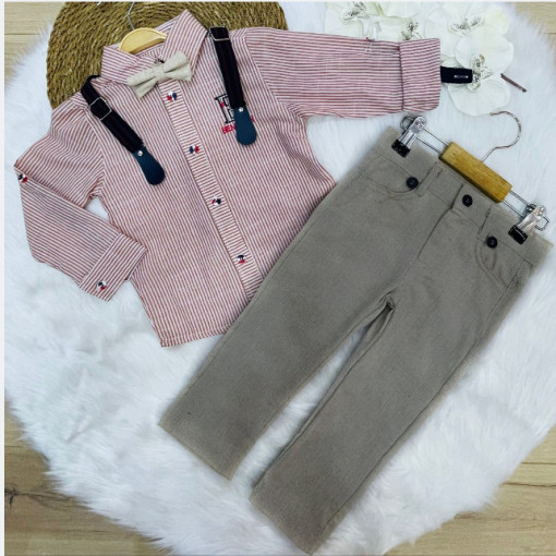 Compleu Rosu, Bemondi, 4 Piese, Camasa, Pantaloni Gri, Bretele si Papion, Pentru Baieti, 2-9 ani