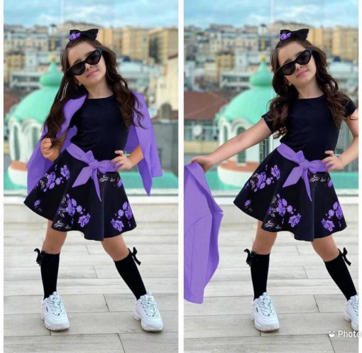 Compleu 5 piese pentru fete Fustita, Sacou, Tricou, Bentita si Curea, Mov, 7-12 ani
