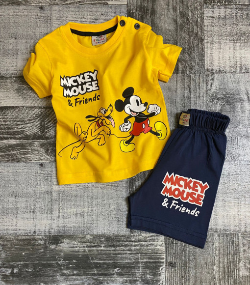 Tricou Galben Mickey Mouse si Pantaloni Scurti, 100% Bumbac, Pentru Copii, 9-24 luni