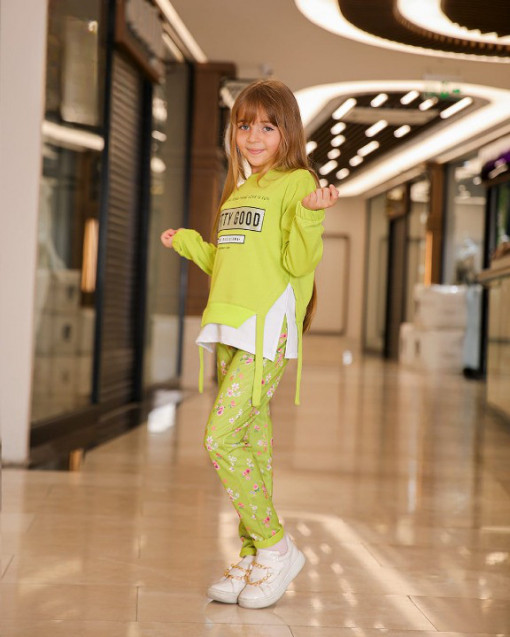 Trening Party Good, Verde, 2 Piese, Hanorac cu Franjuri si Pantaloni cu Floricele, Pentru Fetite, 5-8 ani
