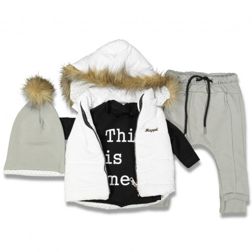 Compleu  4 Piese, Vesta, Bluza, Pantaloni si Caciula, Pentru Bebelusi, Gri