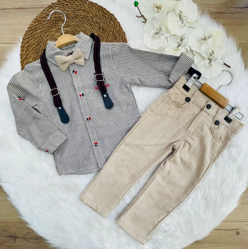 Compleu Crem, Bemondi, 4 Piese, Camasa, Pantaloni, Bretele si Papion, Pentru Baieti, 2-9 ani
