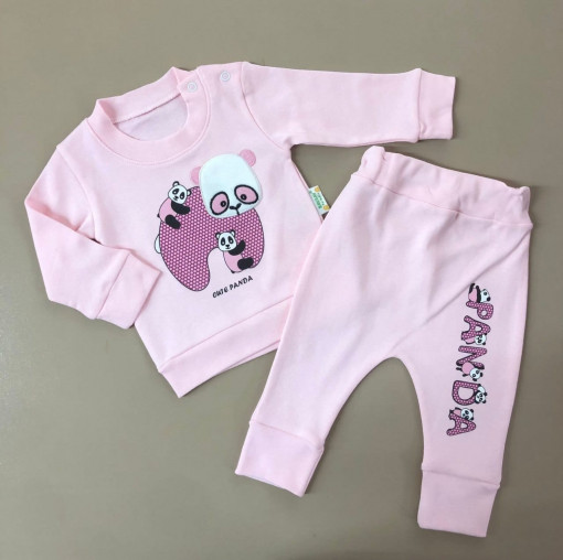 Compleu Panda, Roz, 2 Piese, Bluza si Pantaloni, Pentru Fetite, 9-18 luni