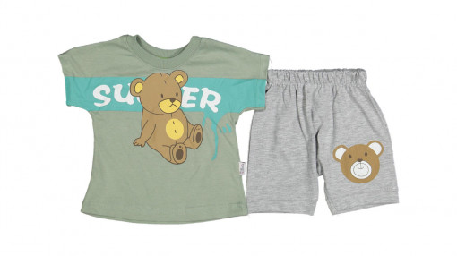 Compleu tricou si pantalon Ursulet Super, Vernil,Bumbac 100%, 9-24 luni