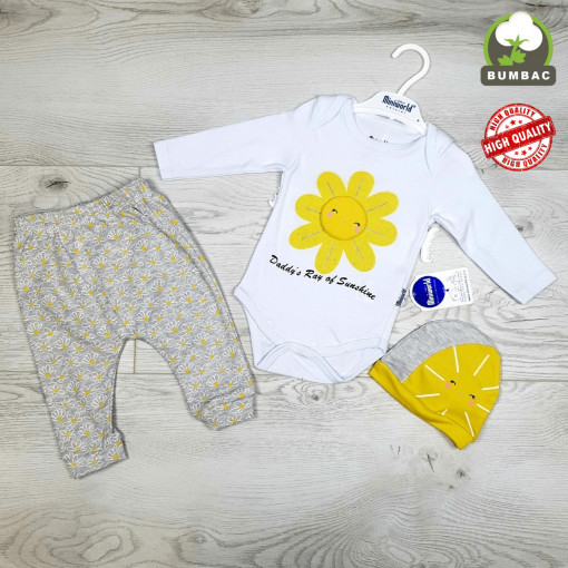 Compleu fetite, Floarea-Soarelui, 100% bumbac, gri-alb, 6-9 luni