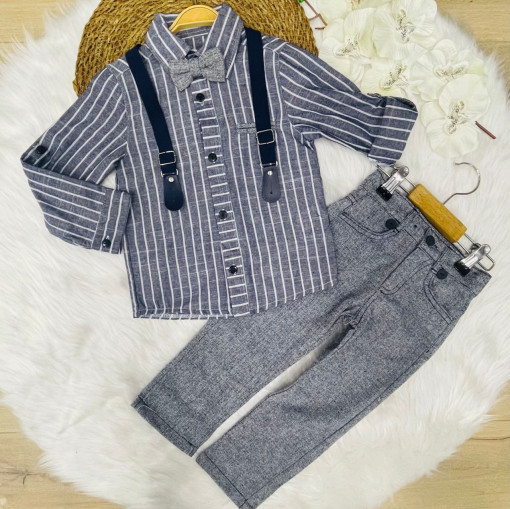 Compleu Liniute Gri, 4 Piese, Camasa, Pantaloni Gri, Bretele si Papion, Pentru Baieti, 2-9 ani