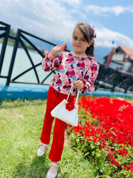 Compleu Rosu, cu Bulinute, 3 Piese, Bluza, Pantaloni si Gentuta, Pentru Fetite