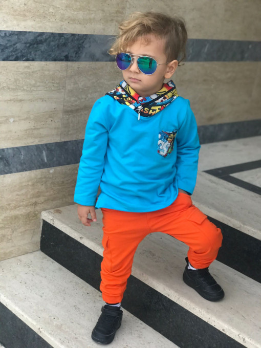 Trening baieti,bluza cu gluga si fermoar,pantaloni portocali,bumbac